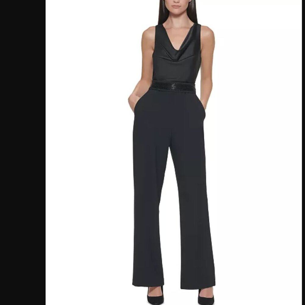 Eliza J Cowlneck Belted Jumpsuit – Black – Size 14